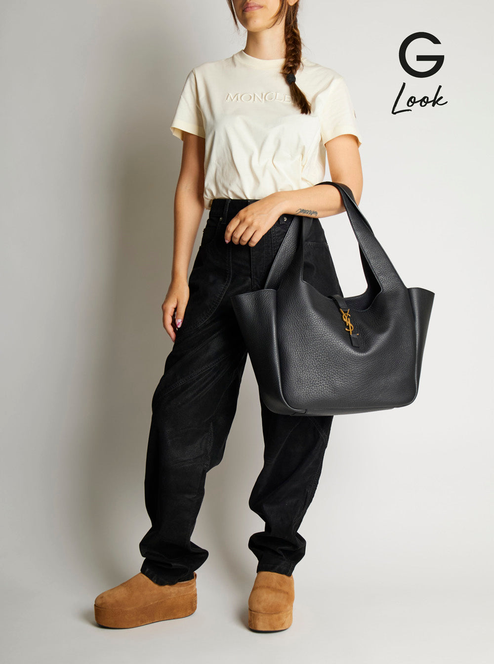 Saint Laurent Women Black Tote Bag With Two Top Handles And Hook Closure Cassandre In Hammered Leather Woman