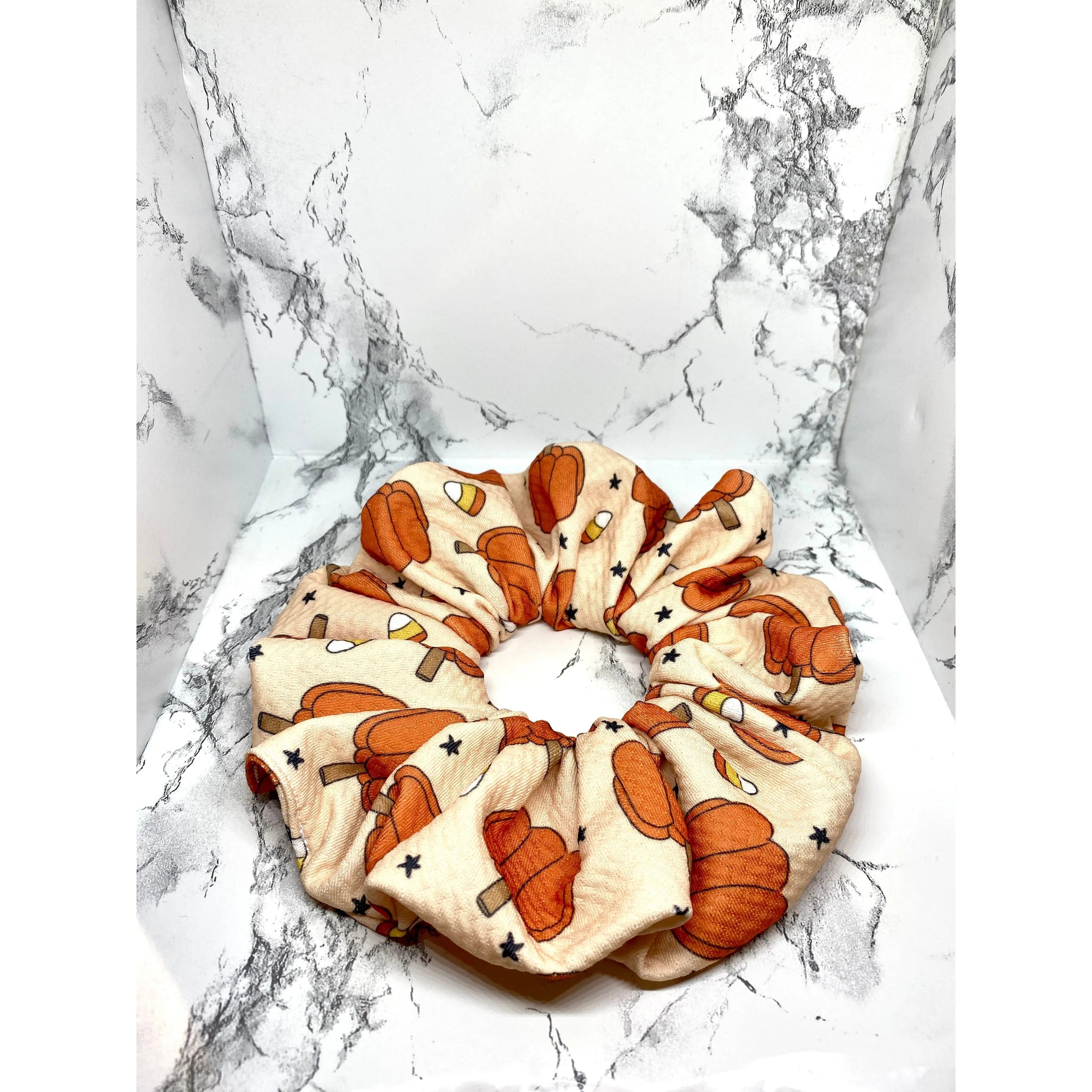 Beige Pumpkin and Candy Corn Halloween Bullet Scrunchie