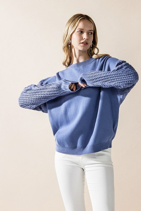 Cozy Solid Body Contrast Cable Knit Sweater