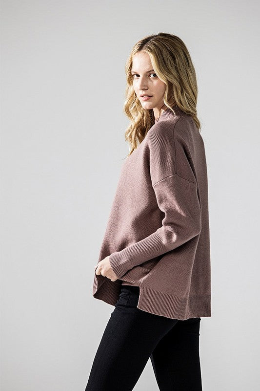 Mock Neck Balloon Sleeve Side Slit Sweater