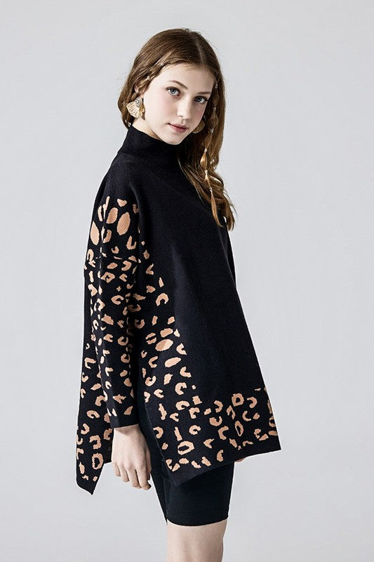 Oversized Mock Neck Leopard Print Sweater Tunic
