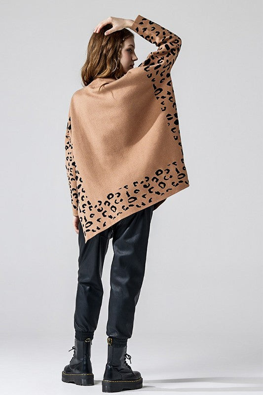 Oversized Mock Neck Leopard Print Sweater Tunic