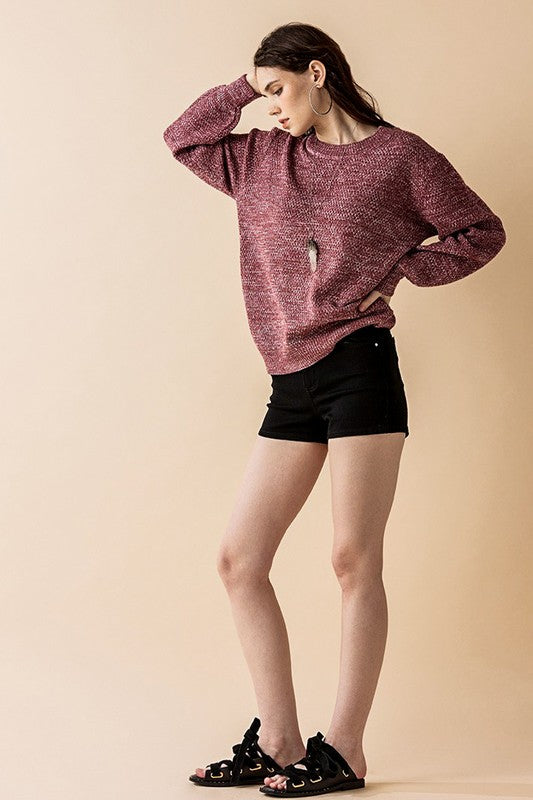Round Neck Balloon Sleeve Heathered Sweater