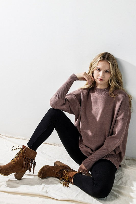 Mock Neck Balloon Sleeve Side Slit Sweater