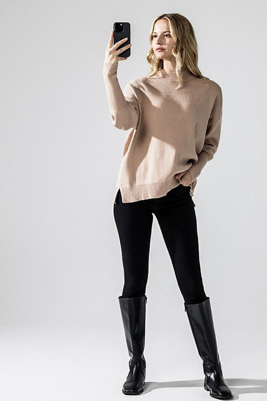 Mock Neck Balloon Sleeve Side Slit Sweater