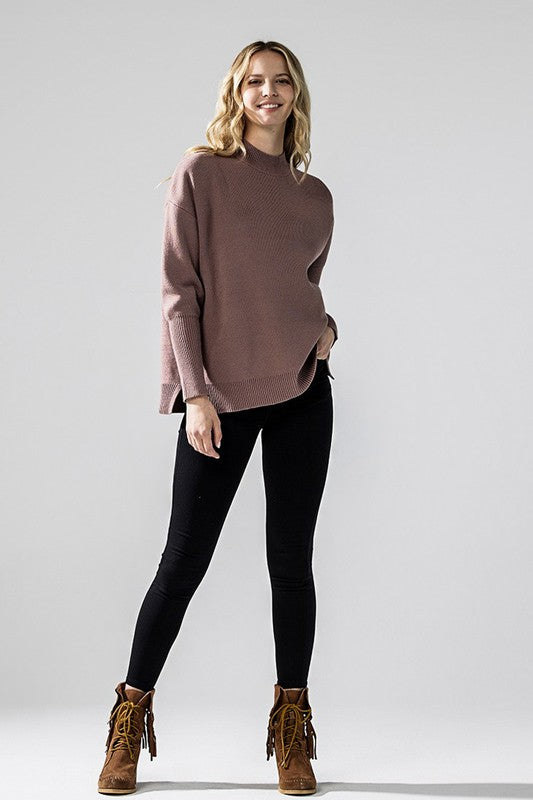 Mock Neck Balloon Sleeve Side Slit Sweater