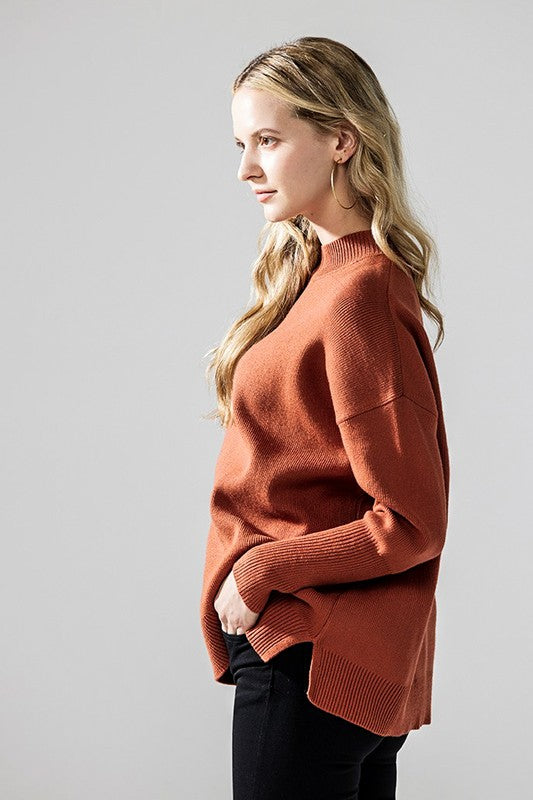 Mock Neck Balloon Sleeve Side Slit Sweater