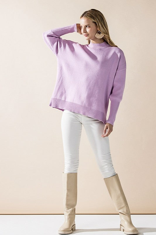 Mock Neck Balloon Sleeve Side Slit Sweater