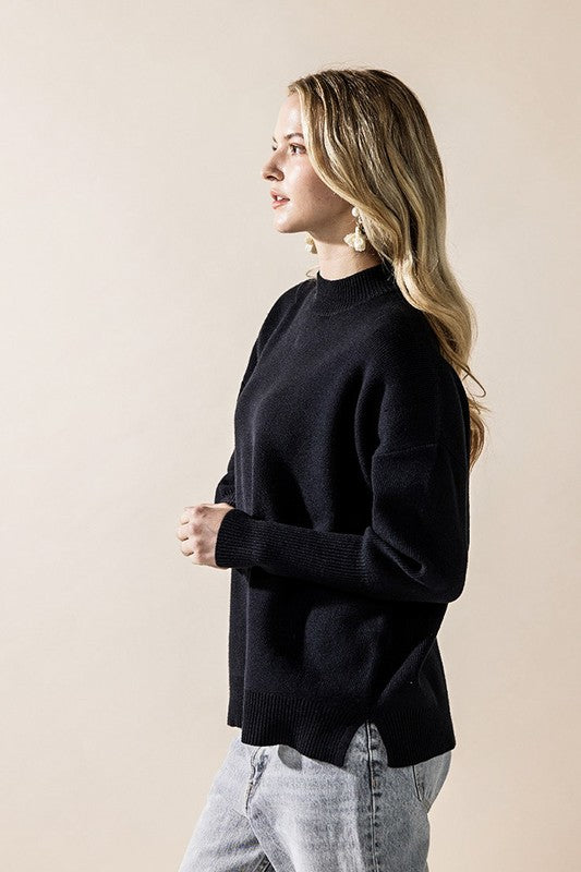 Mock Neck Balloon Sleeve Side Slit Sweater