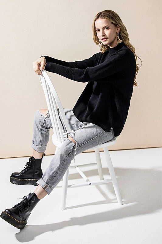 Mock Neck Balloon Sleeve Side Slit Sweater