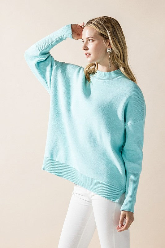 Mock Neck Balloon Sleeve Side Slit Sweater