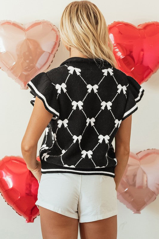 Women Preppy Vibes Bow Print Zipped Collar Sweater