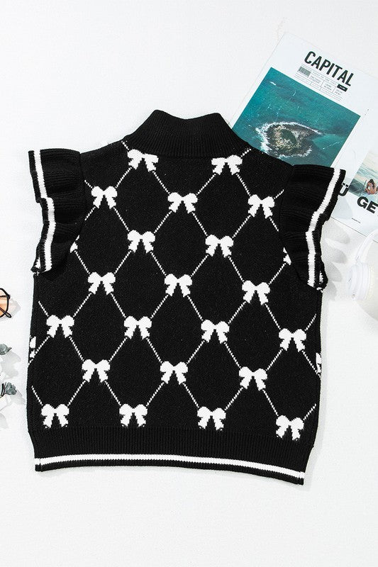Women Preppy Vibes Bow Print Zipped Collar Sweater