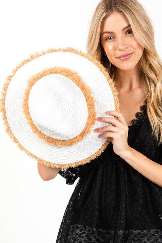 Frayed Band 2 Tone Straw Sun Hat