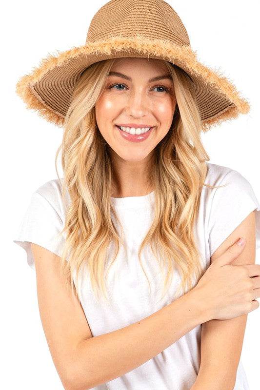 Frayed Band 2 Tone Straw Sun Hat