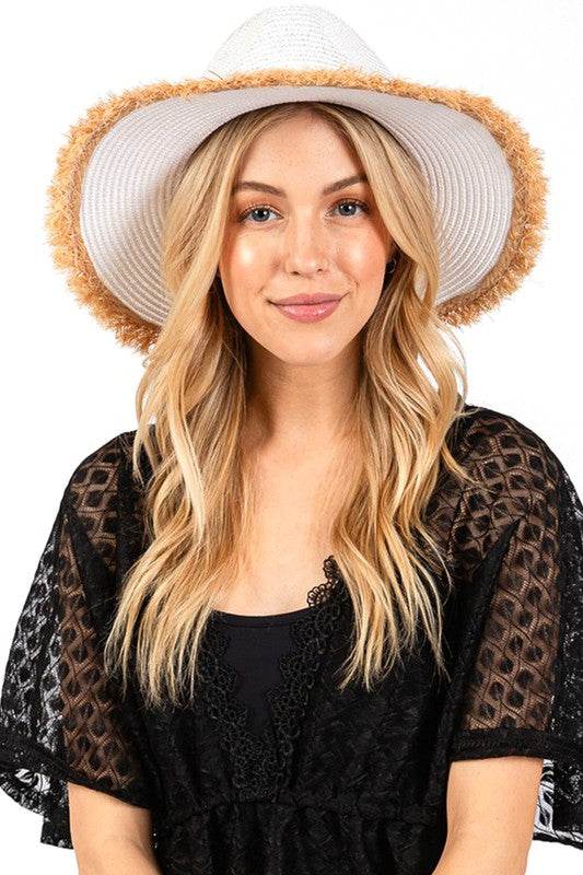 Frayed Band 2 Tone Straw Sun Hat