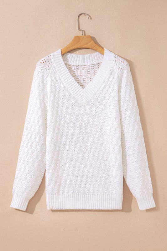 Textured Knit Ribbed Edge V-Neck Sweater