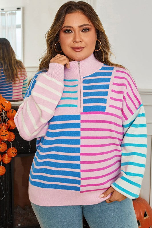 Stripe Colorblock Half Zip Sweater