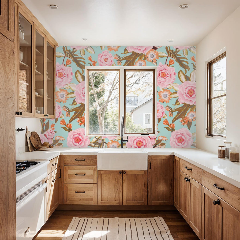 Posh Posy Wallpaper, light blue
