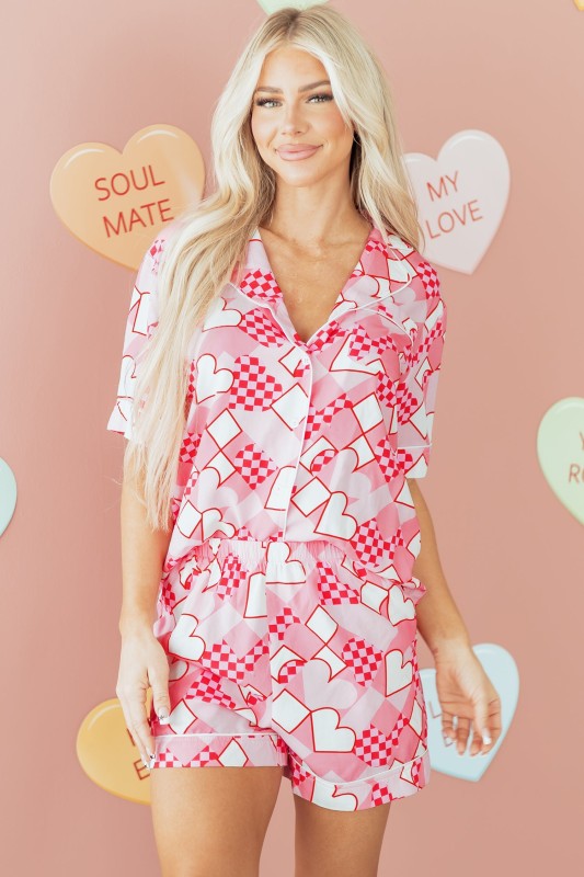 Heart Short Sleeve Shirt and Shorts Pajama Set