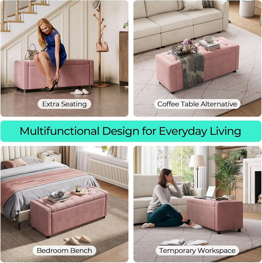 Pink Fifty Inch Velvet Upholstered Storage Ottoman Bench