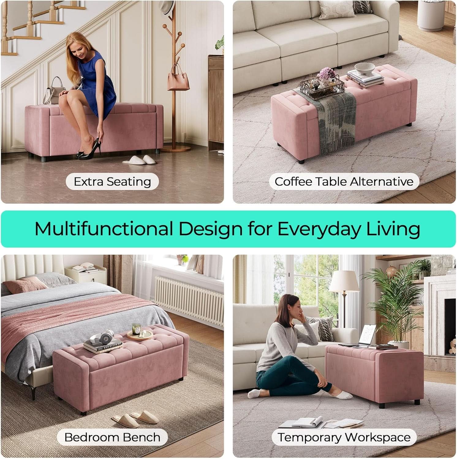 Pink Fifty Inch Velvet Upholstered Storage Ottoman Bench