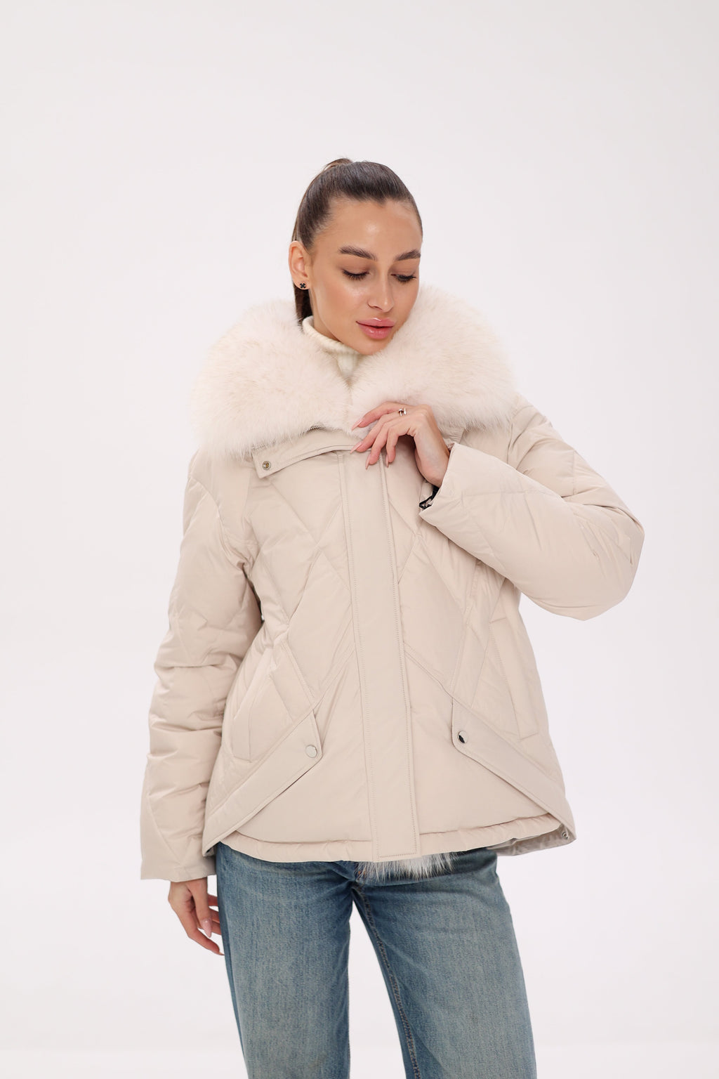 Genuine Polar Fox Fur Down Insulated Parka in Ivory