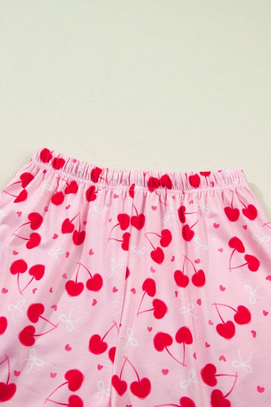 Cherry Bow Tie Top and Shorts Pajama Set