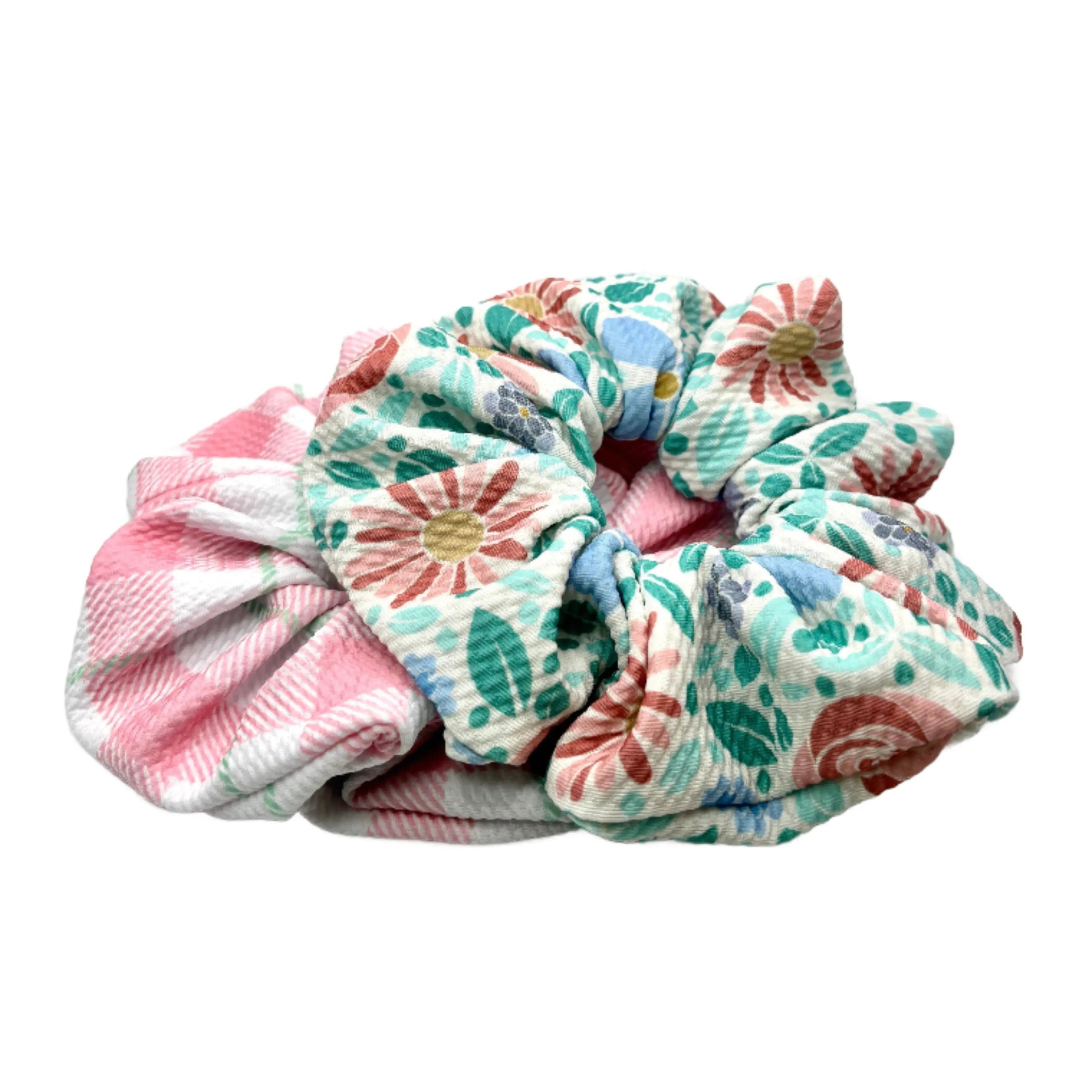 Blue Floral & Pink Gingham Scrunchie Set