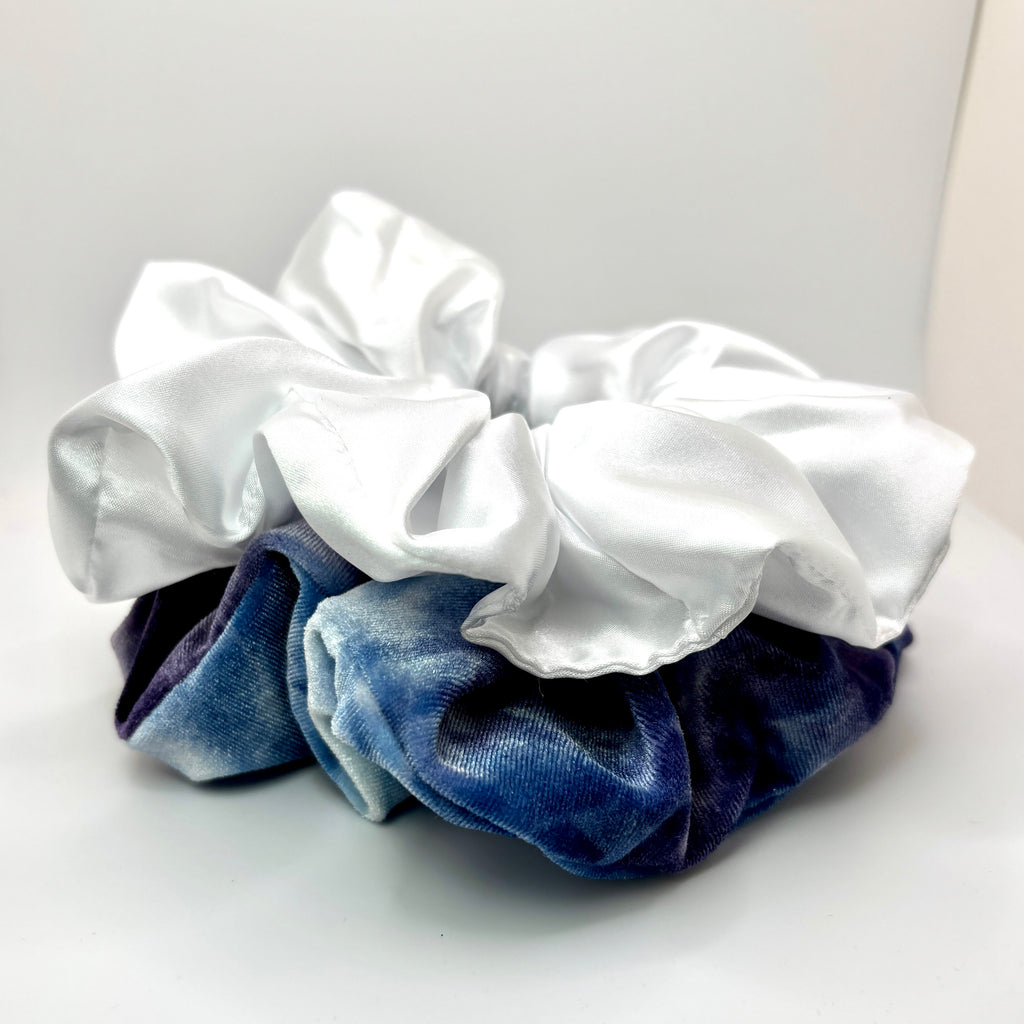 Blue Purple Tie Dye & White Scrunchie Set