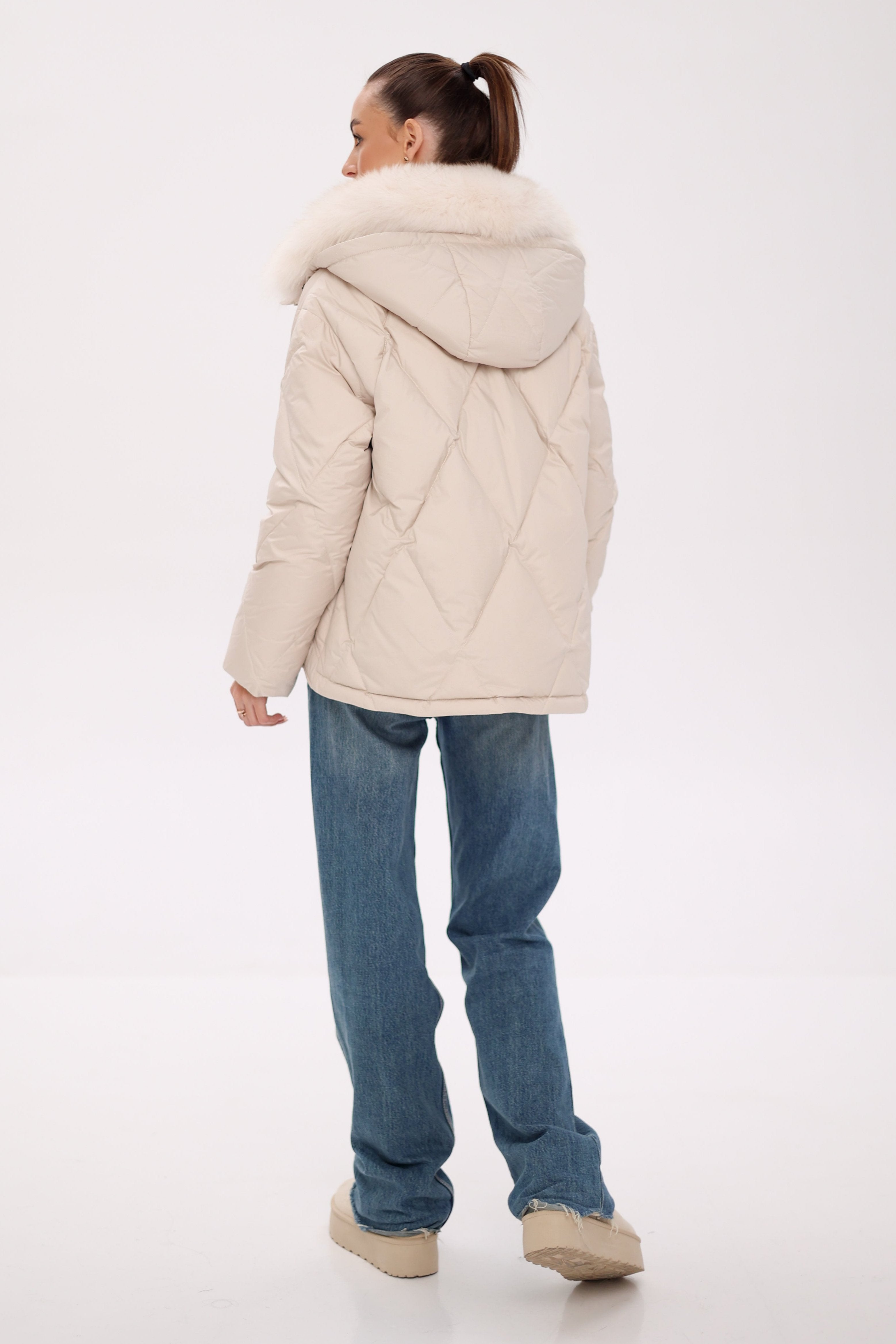 Genuine Polar Fox Fur Down Insulated Parka in Ivory