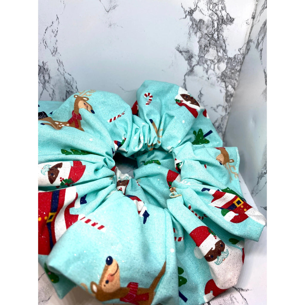 Blue Santa and Reindeer Christmas Scrunchie