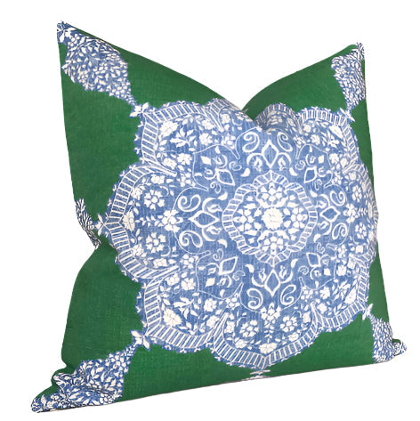 Medallion Pillow Cover in Blue and Green, Thibaut Pillows