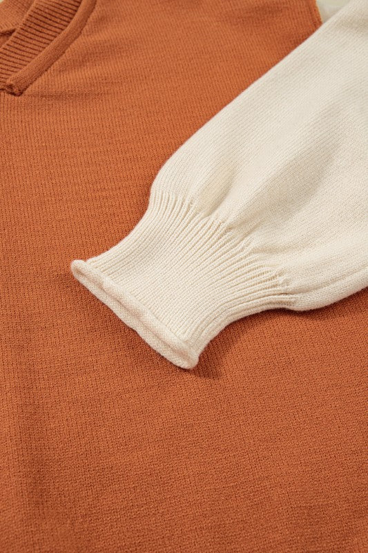 Colorblock Raw Edge Bubble Sleeve V-Neck Sweater