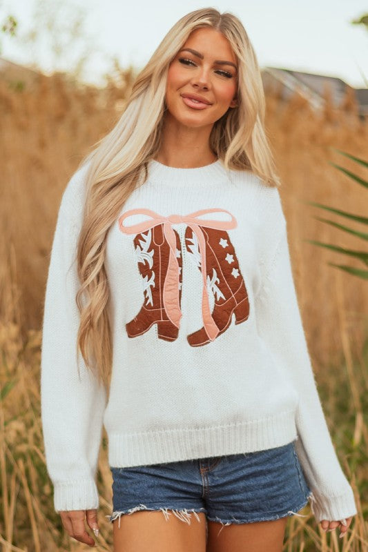 Western Bow Boots Embroidered Drop Shoulder Sweate