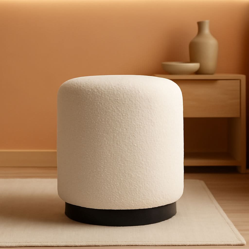 Round Boucle Ottoman Footstool White Compact Cushion