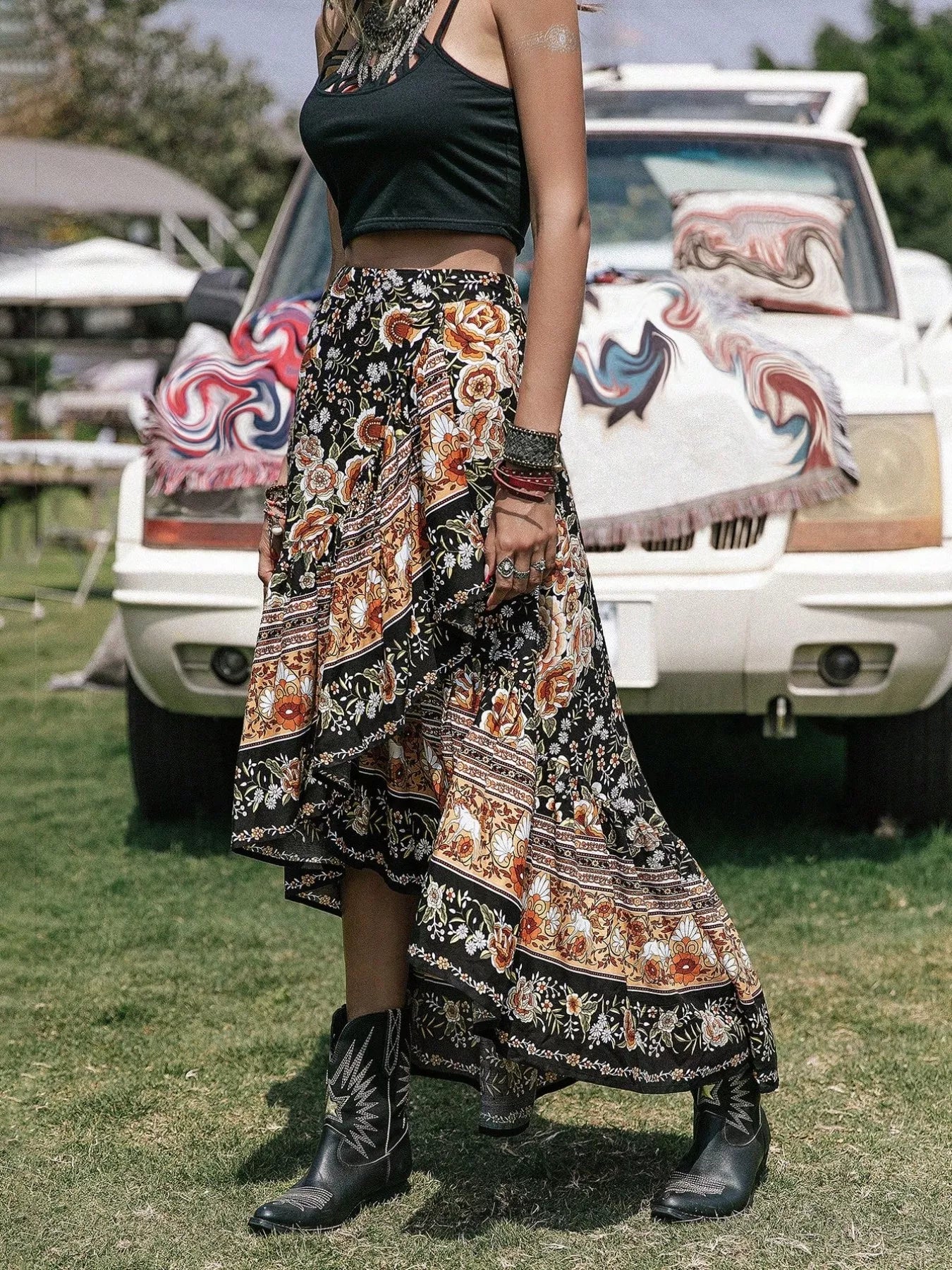 Boho Floral Print High-Low Skirt See size chart under “more details”