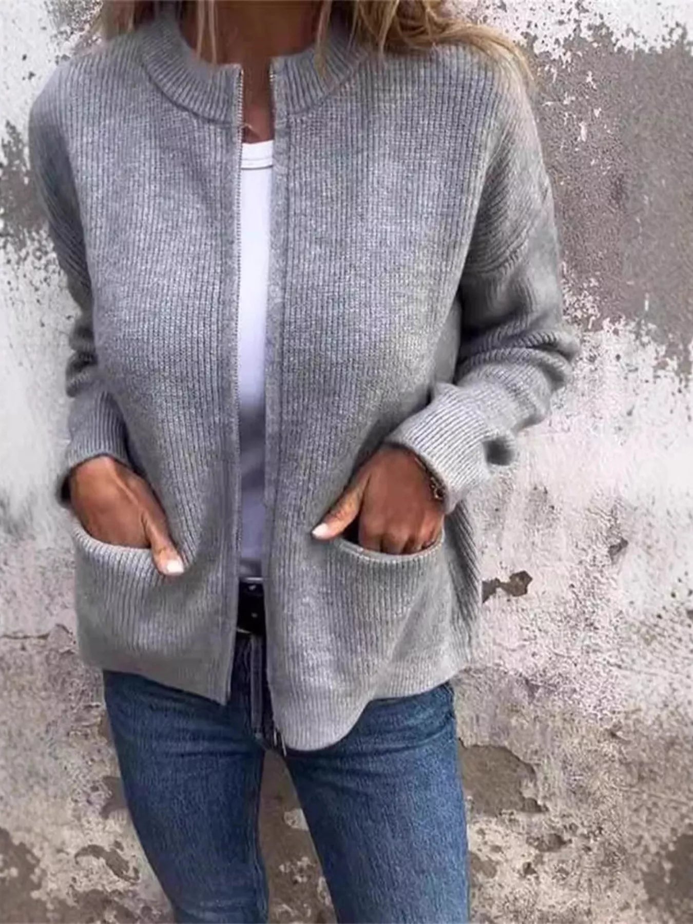 Full Size Zip Up Ribbed Knit Cardigan with Front Pockets Plus Size
