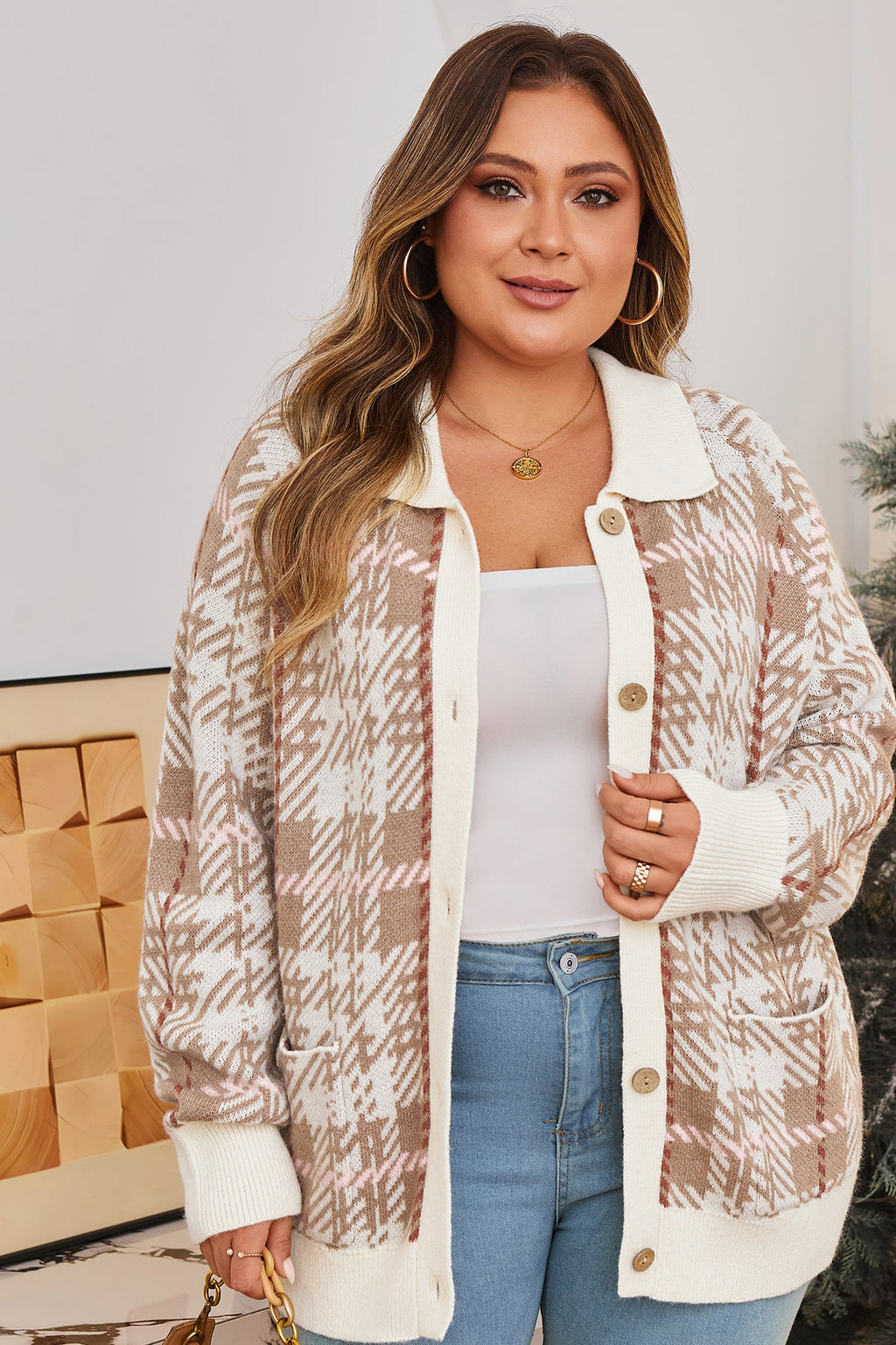 Navy Trim Front Cardigan PLUS Sweater