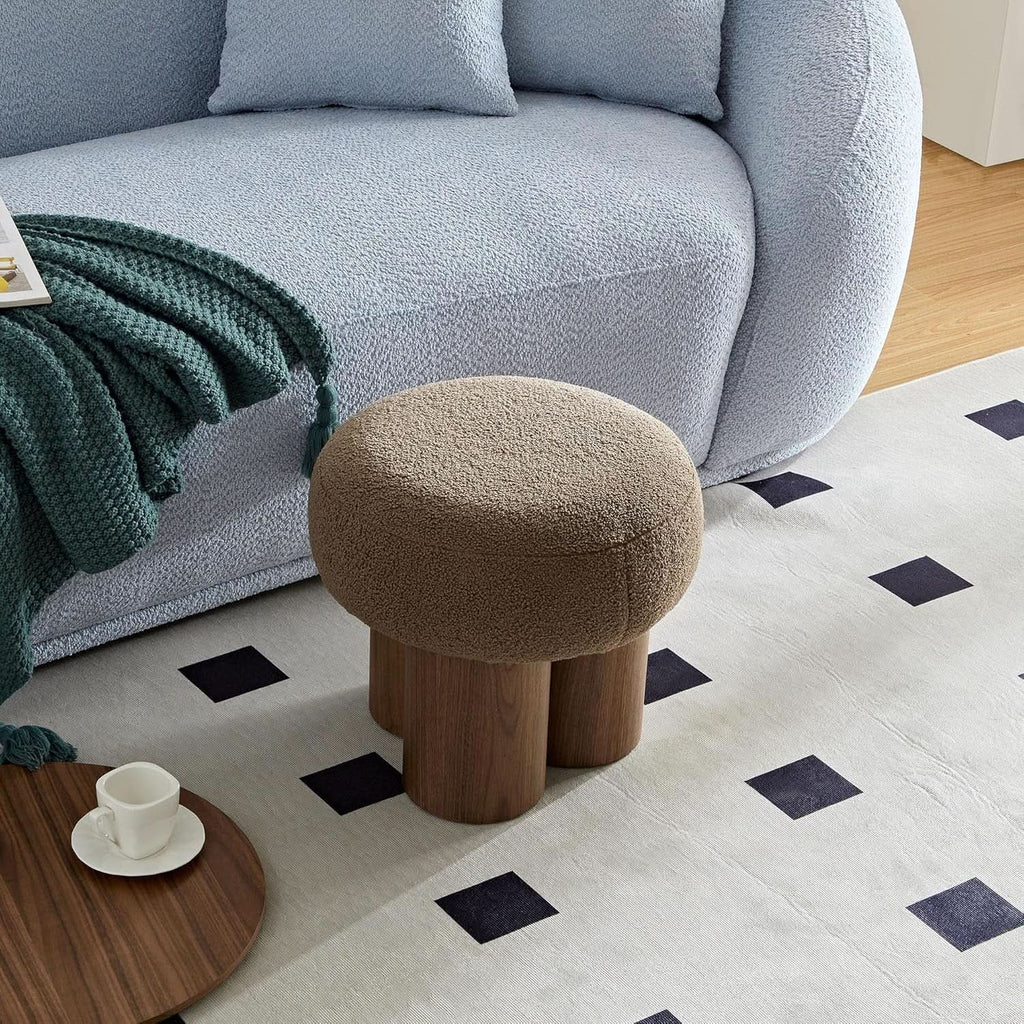 Compact Round Footstool Ottoman Brown Teddy Fabric