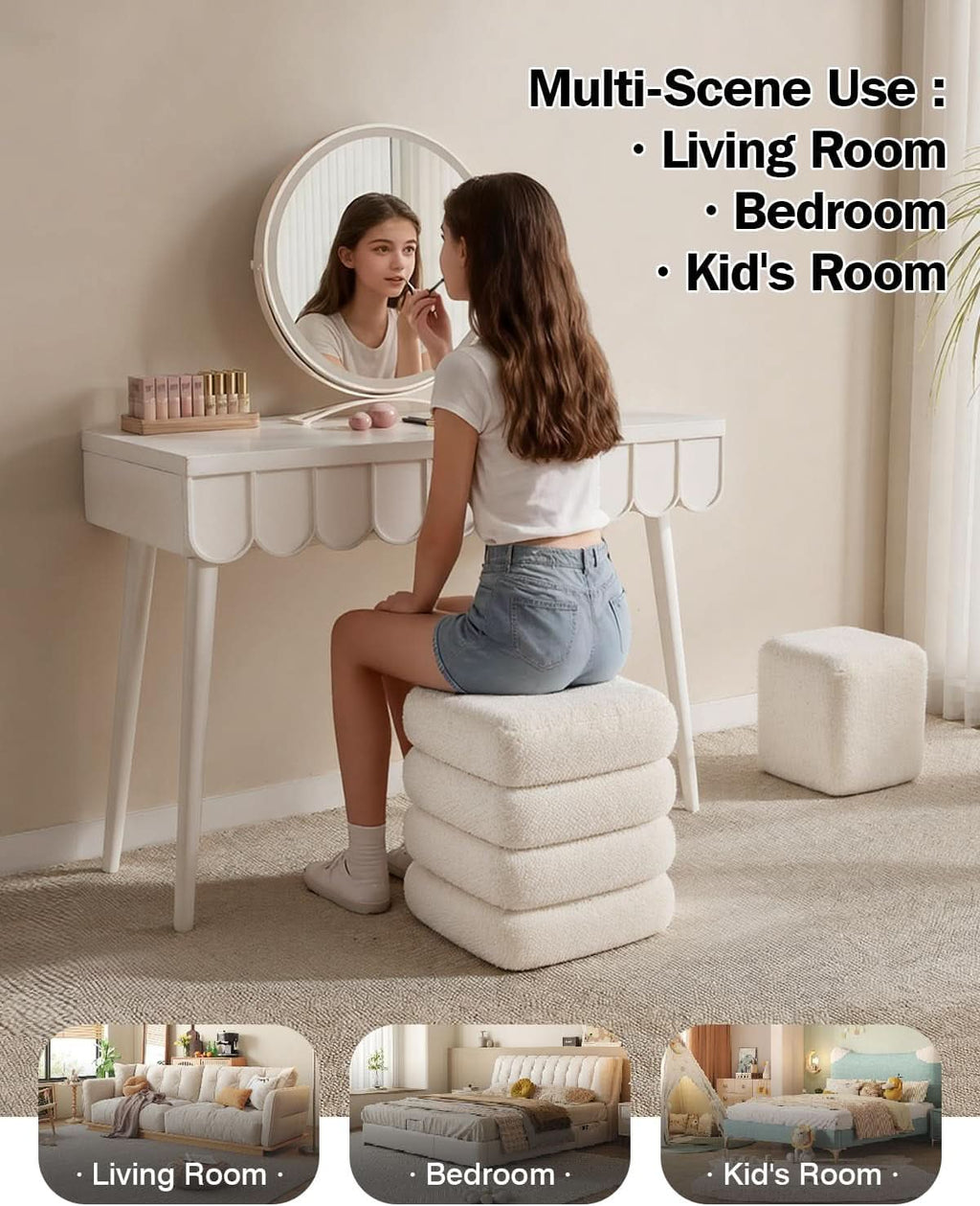 Two-Piece Nesting Sherpa Storage Ottomans White Lid