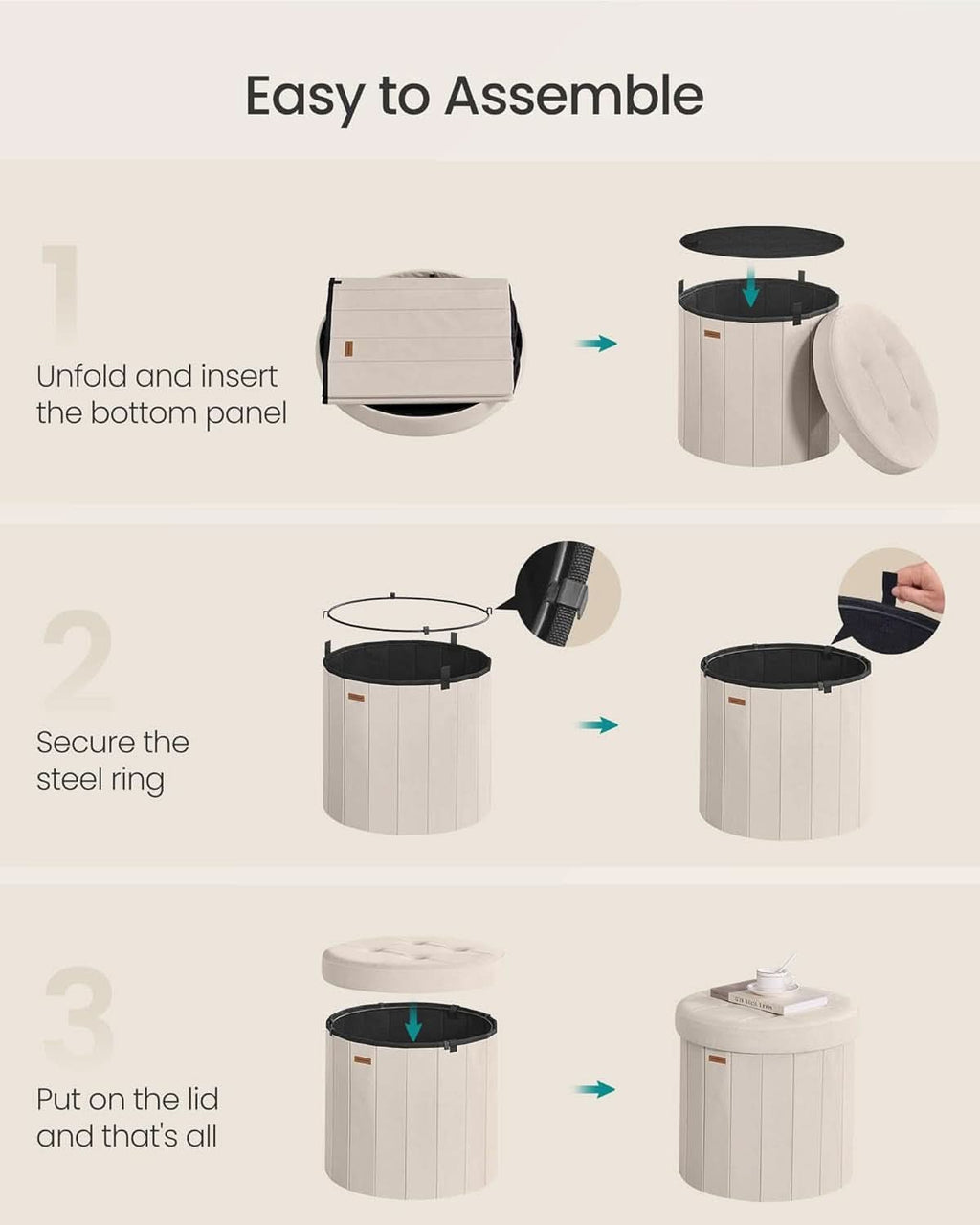 Round Folding Storage Ottoman Cappuccino Beige Velvet