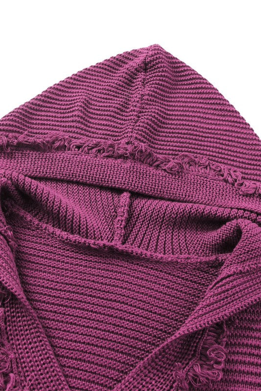Solid Ribbed Drop Shoulder Hooded V-Neck Sweater