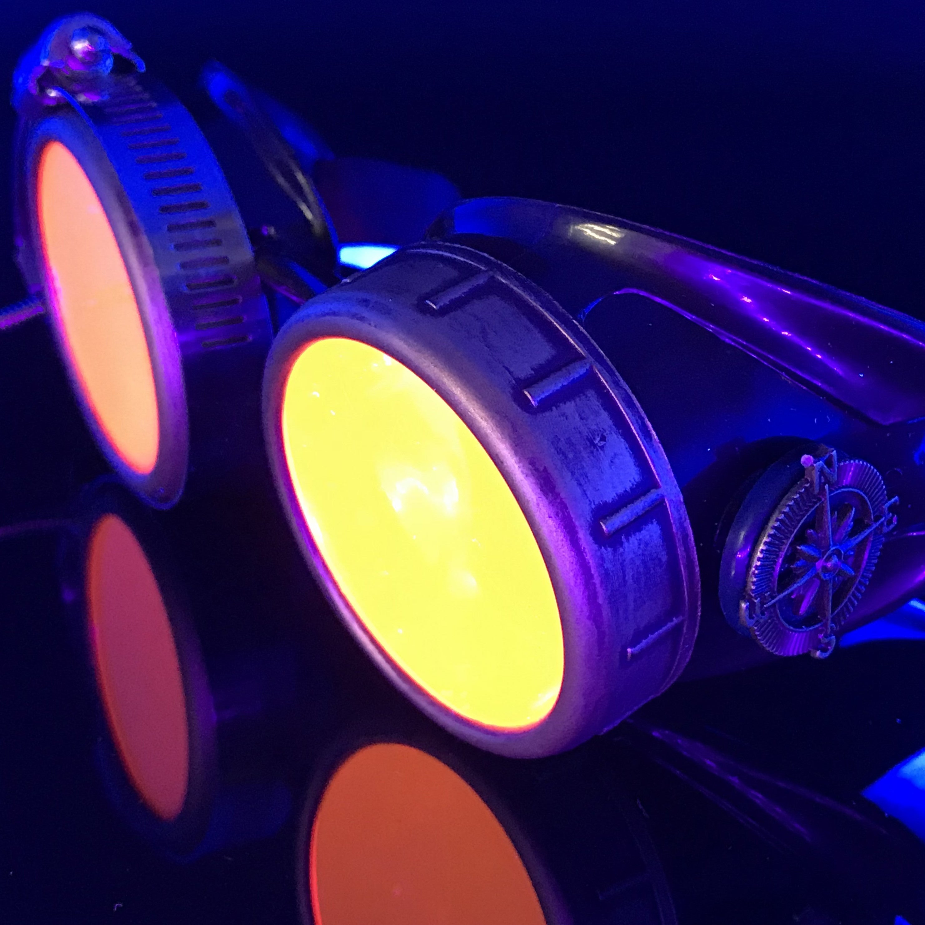 Steampunk Goggles with magnifying loupes UV glow neon pink lenses
