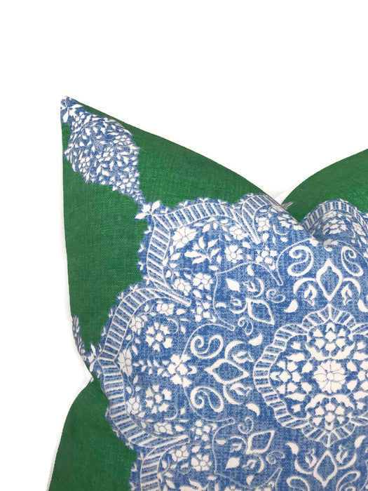 Medallion Pillow Cover in Blue and Green, Thibaut Pillows