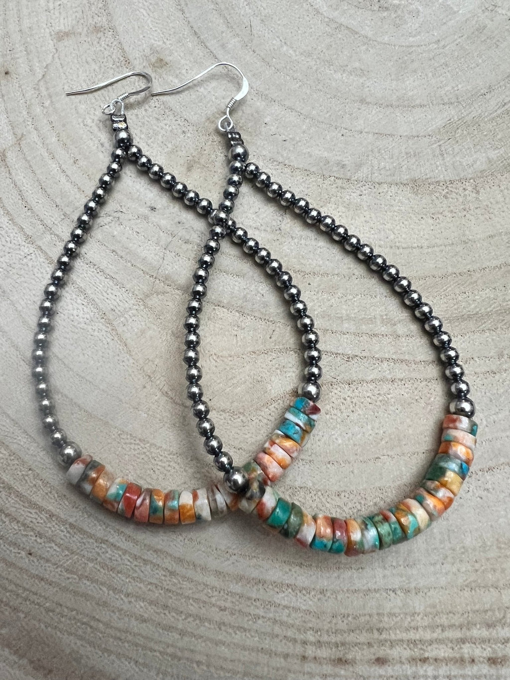 3mm Sterling Silver Pearl Teardrop with Orange Spiny Oyster/Turquoise Earrings - 4 inch drop