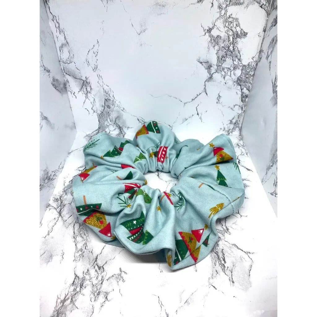 Blue Glitter Christmas Trees Christmas Scrunchie