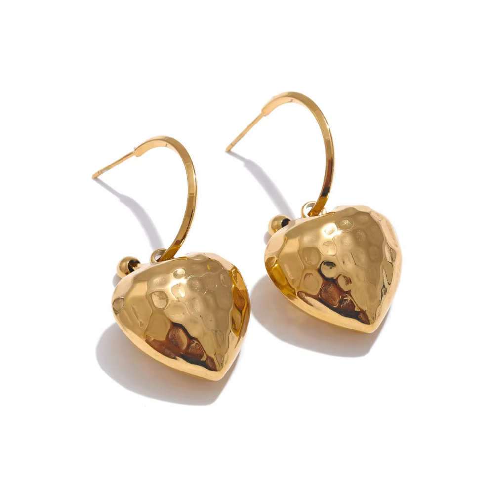 Hammered Heart Drop Earrings - Stainless Steel