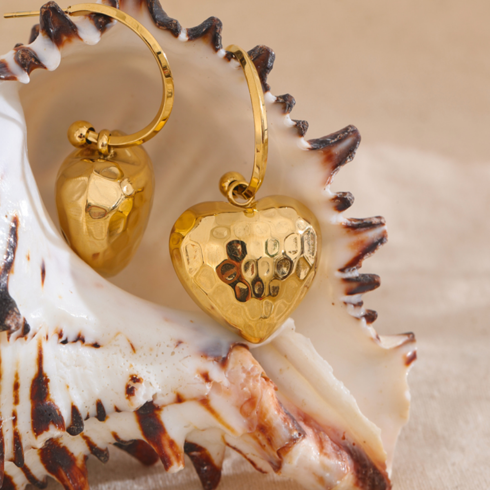 Hammered Heart Drop Earrings - Stainless Steel