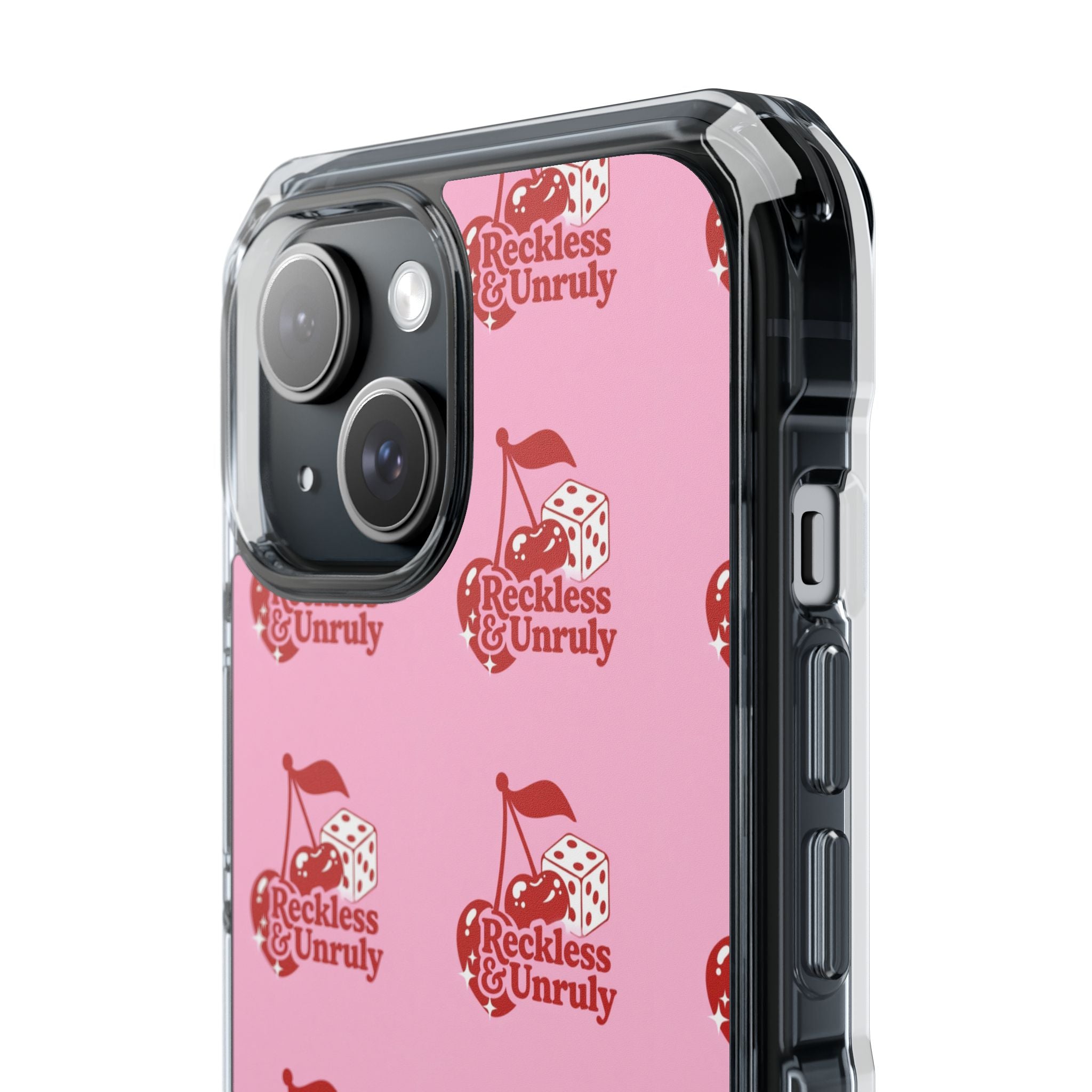 Clear Magnetic Phone Case — Pink ‘Reckless & Unruly’ Repeat Logo
